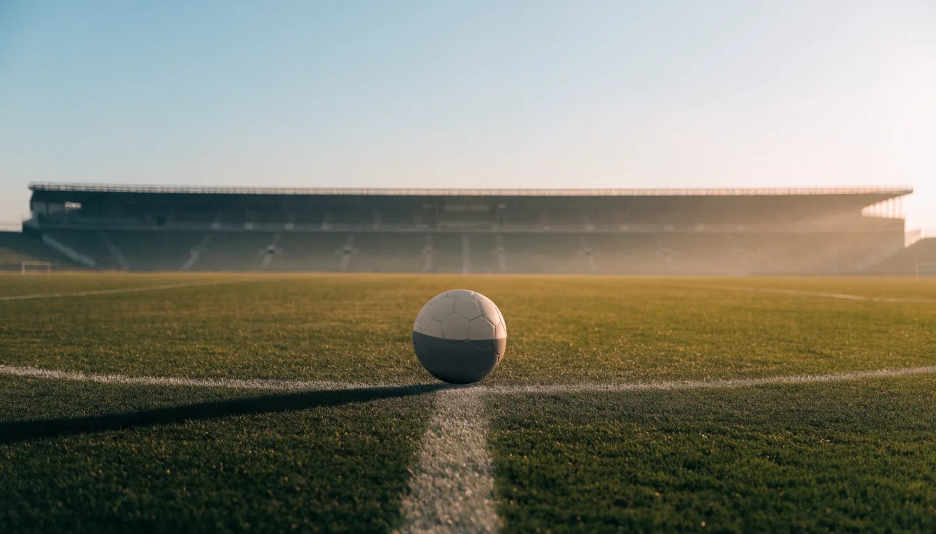 Ein Fußball liegt auf dem Mittelkreis eines leeren Rasenplatzes am frühen Morgen, im Hintergrund eine ferne Tribüne im Dunst.