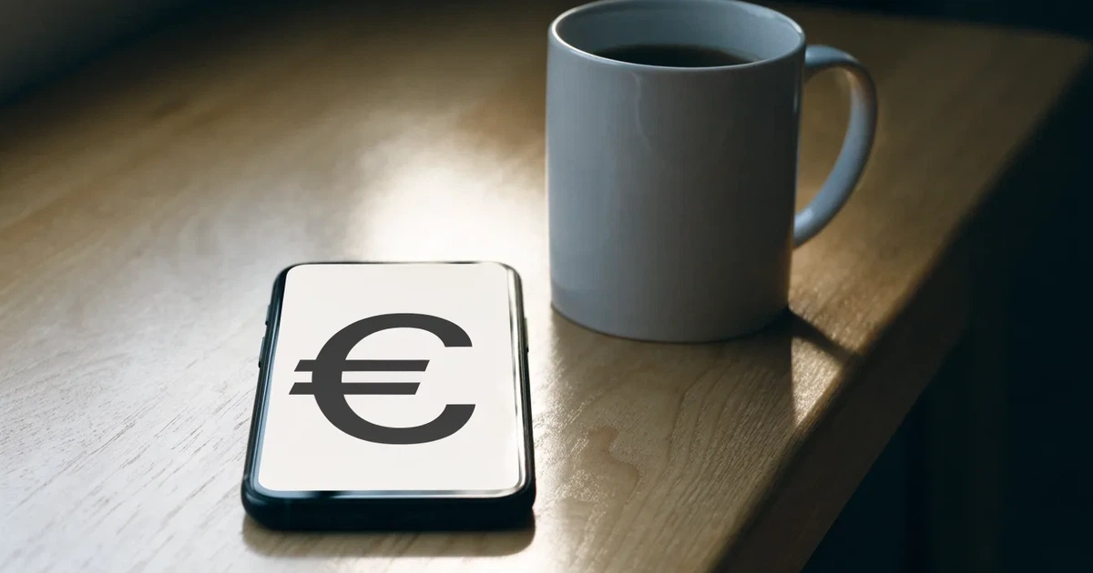 Ein Smartphone mit dunklem Display liegt neben einer Kaffeetasse und einigen Münzen auf einem hellen Holztisch, weiches Tageslicht fällt von links.