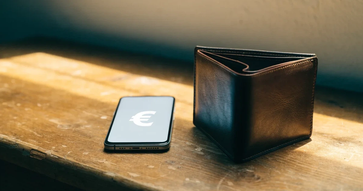 Ein Portemonnaie aus Leder liegt geöffnet auf einem Holztisch neben einem Smartphone mit dunklem Display, Fensterlicht fällt von der Seite.