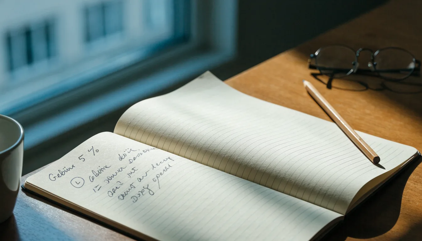 Ein aufgeschlagenes Notizbuch mit handschriftlichen Notizen liegt neben einem Bleistift auf einem Schreibtisch, daneben eine Brille.