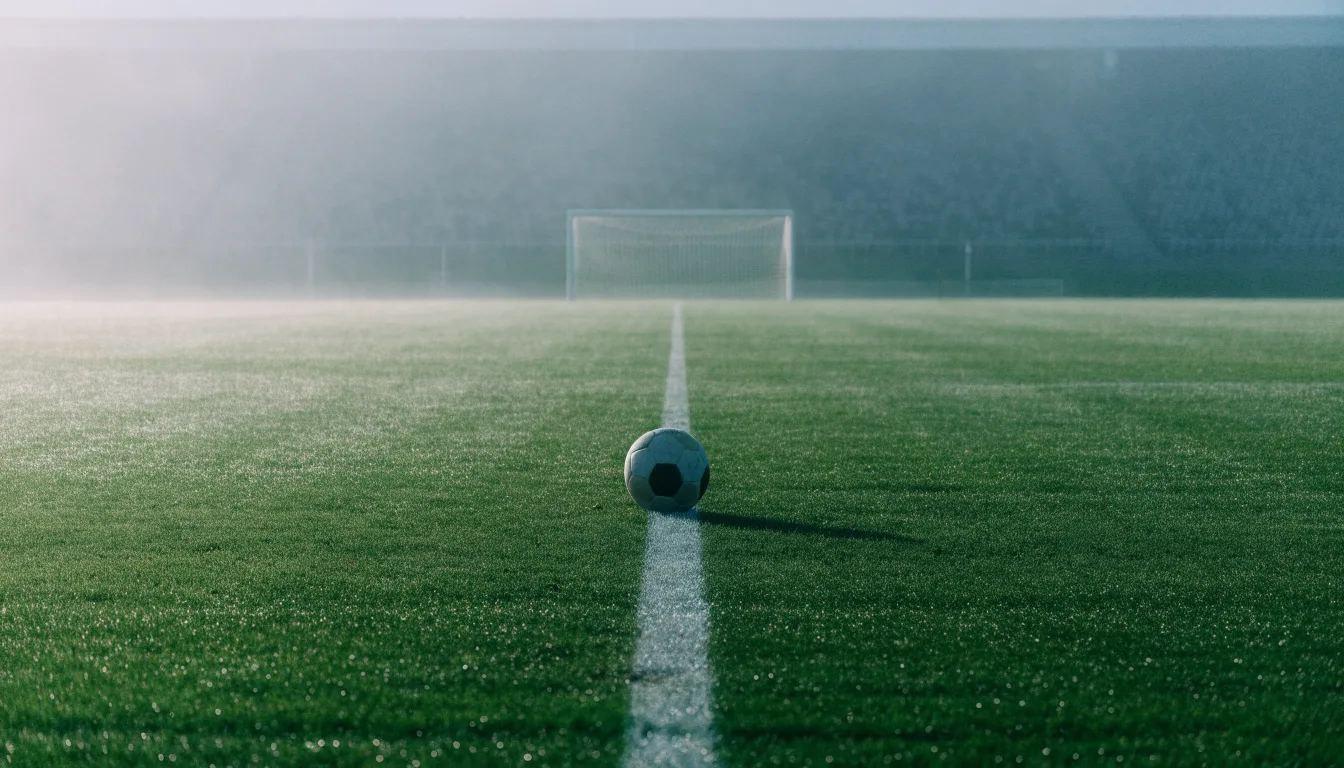 Ein leeres Fußballfeld im Morgennebel, die Mittellinie verliert sich im Dunst, kein Mensch ist zu sehen.