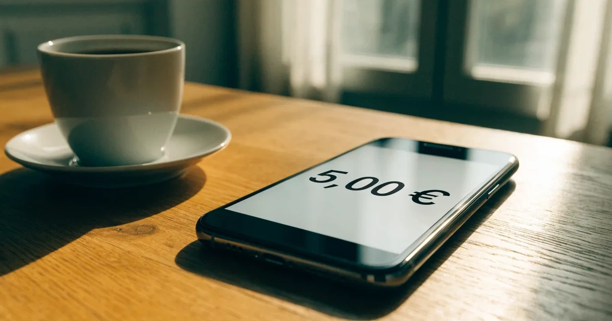 Eine Handvoll Münzen liegt neben einer Kaffeetasse auf einem Küchentisch, im Hintergrund unscharf ein Fenster mit Morgenlicht.