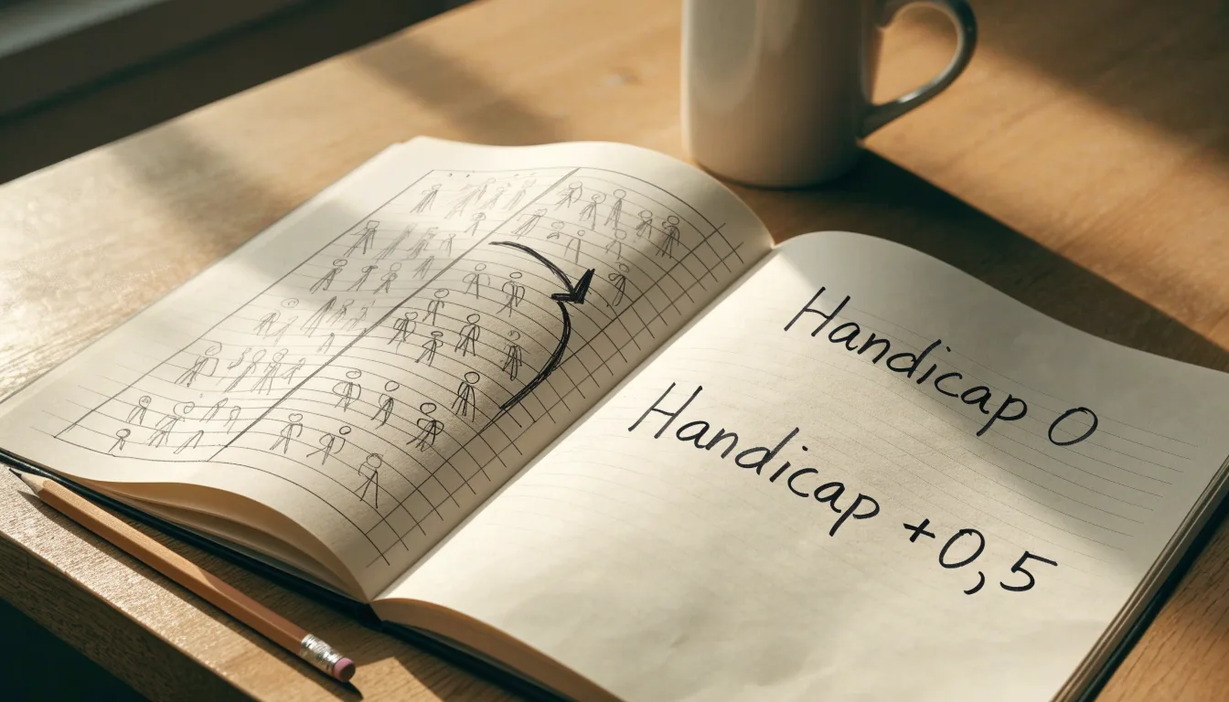 Ein aufgeschlagenes Notizbuch mit handschriftlichen Skizzen und Pfeilen liegt neben einem Bleistift auf einem Holztisch, Tageslicht fällt von der Seite.