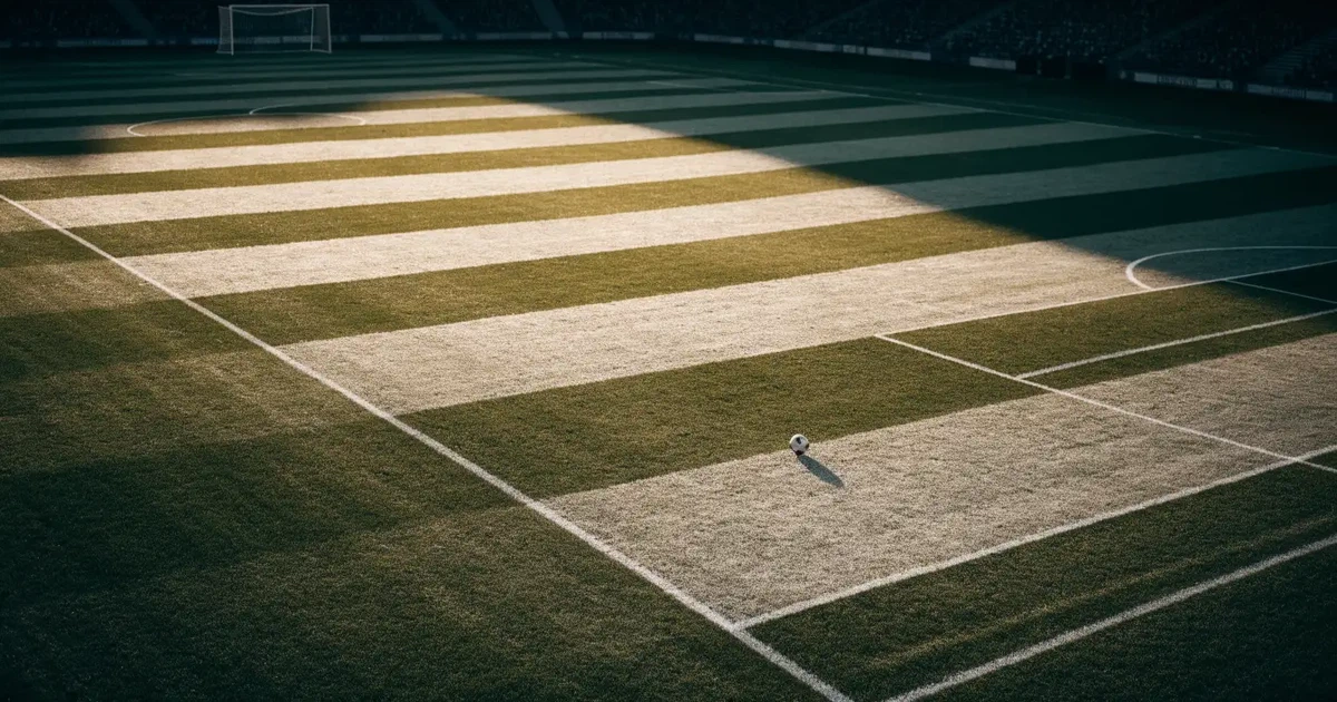 Ein Spielfeld aus der Vogelperspektive mit frisch gezogenen weißen Linien, ein einzelner Ball liegt im Strafraum, niemand ist zu sehen.
