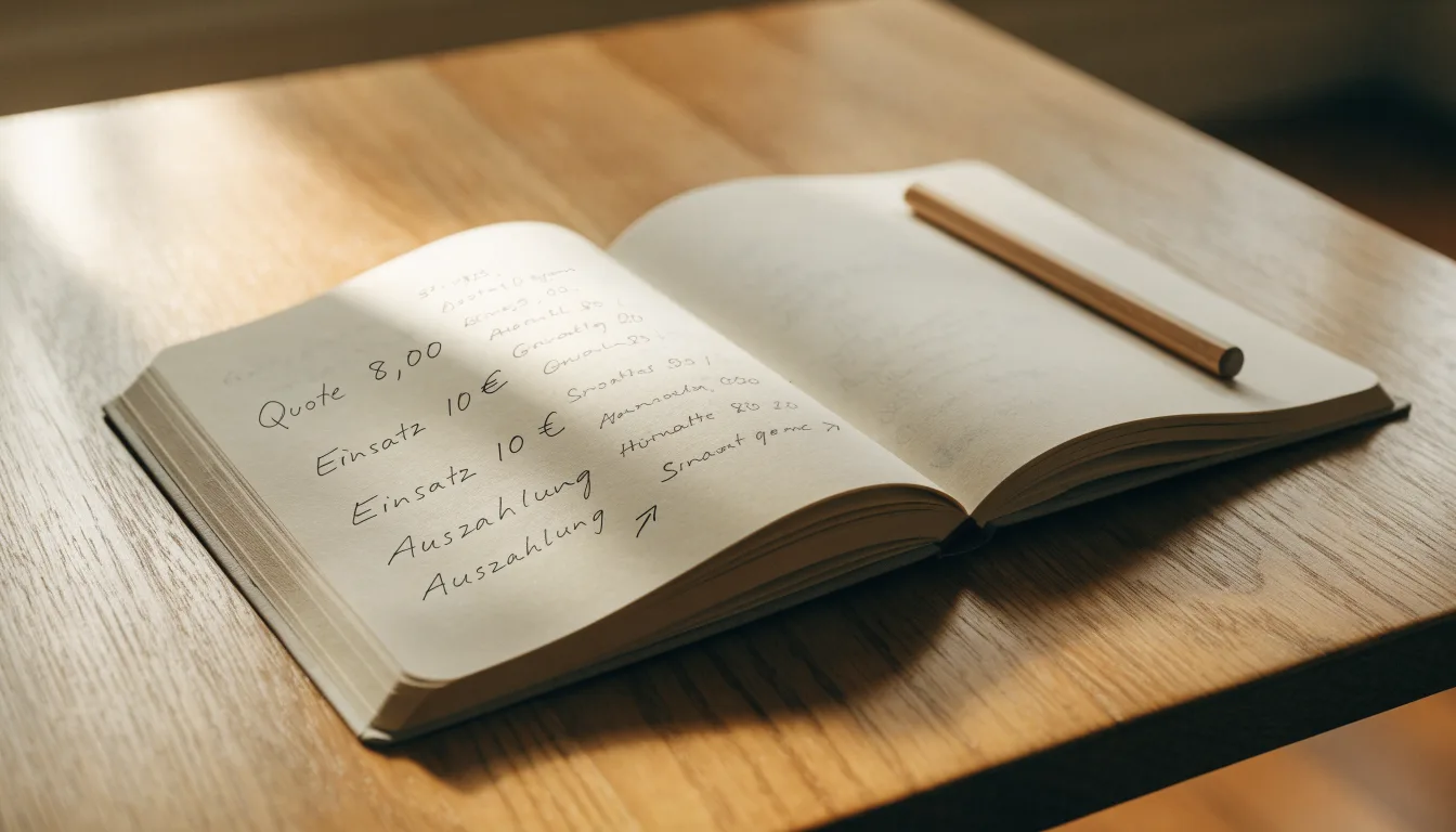 Ein aufgeschlagenes Notizbuch mit handschriftlichen Notizen und Pfeilen liegt neben einem Bleistift auf einem Holztisch, Tageslicht von links.