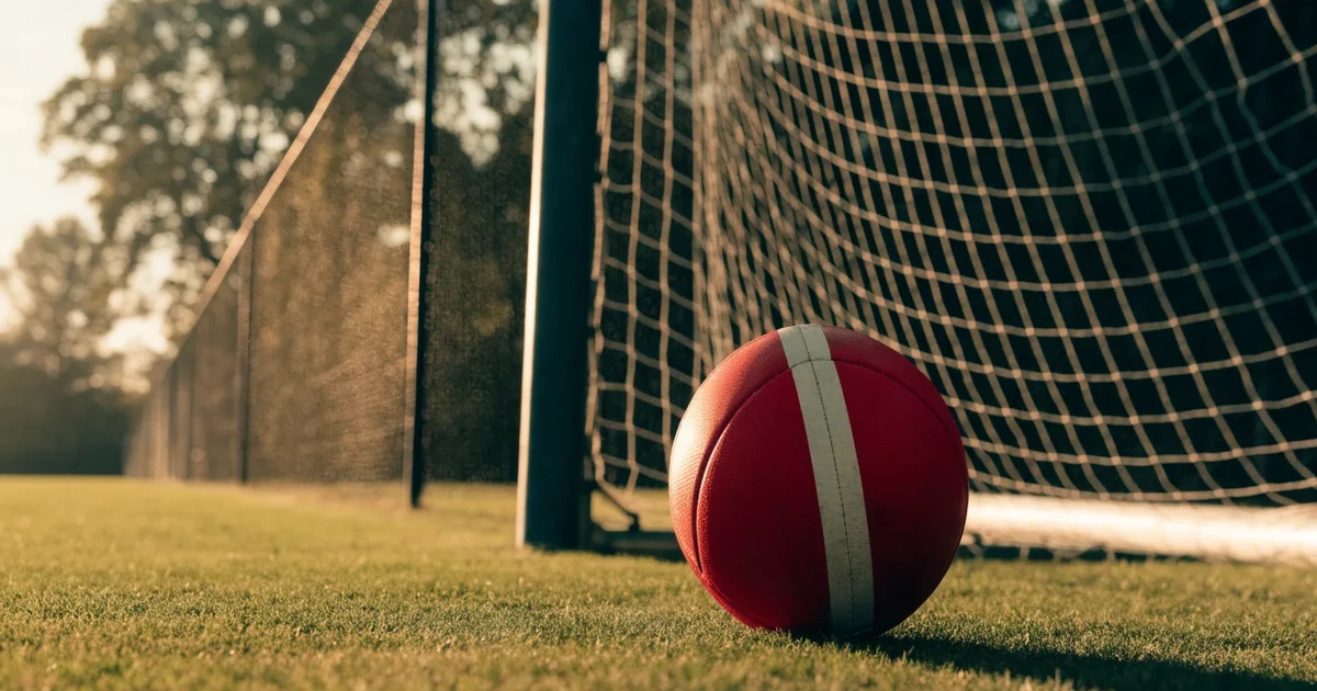 Ein Fußball liegt vor einem leeren Tor auf dem Rasen, das Netz hängt unbewegt, im Hintergrund ein verschwommener Zaun in warmem Abendlicht.