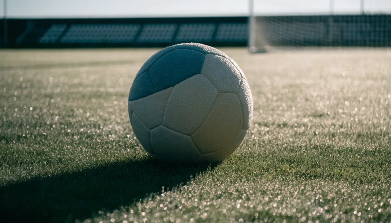 Ein Fußball liegt auf dem Rasen vor einer leeren Tribüne am frühen Morgen, Tau glänzt auf dem Gras.