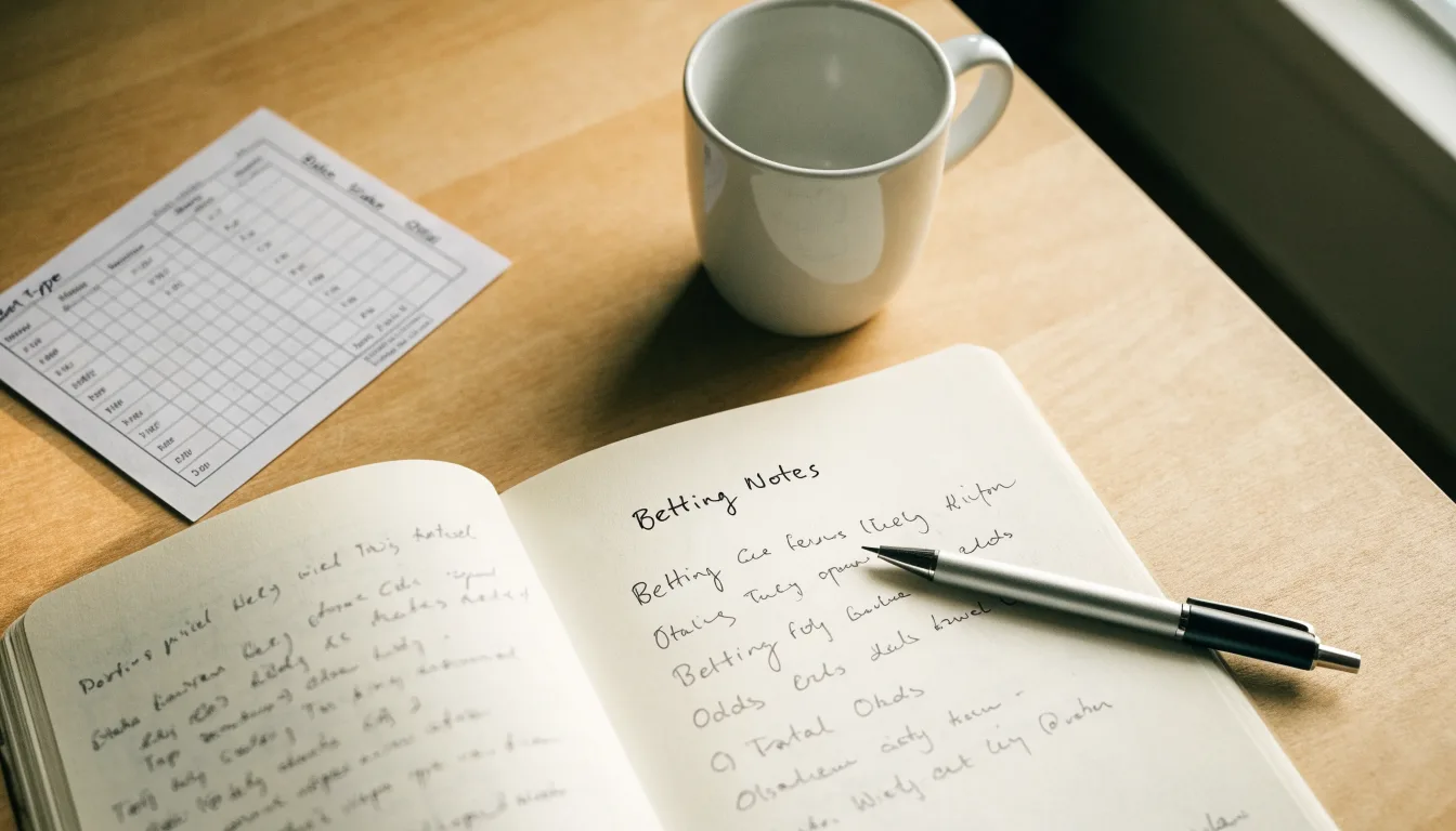 Ein Notizbuch mit handschriftlichen Notizen und ein Kugelschreiber liegen auf einem Schreibtisch neben einer Tasse, Blick schräg von oben.