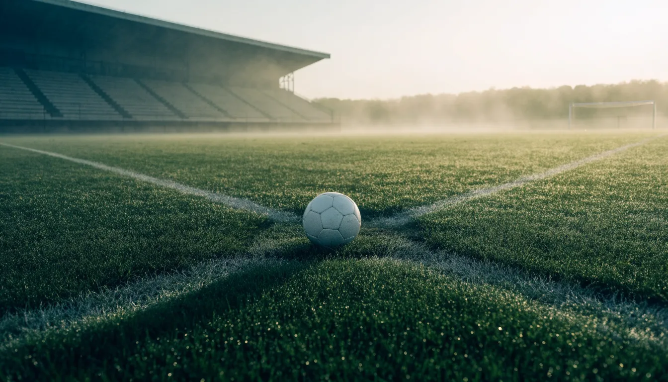 Ein Fußball liegt auf dem Anstoßpunkt eines leeren Rasenplatzes im Morgendunst, im Hintergrund eine ferne Tribüne.