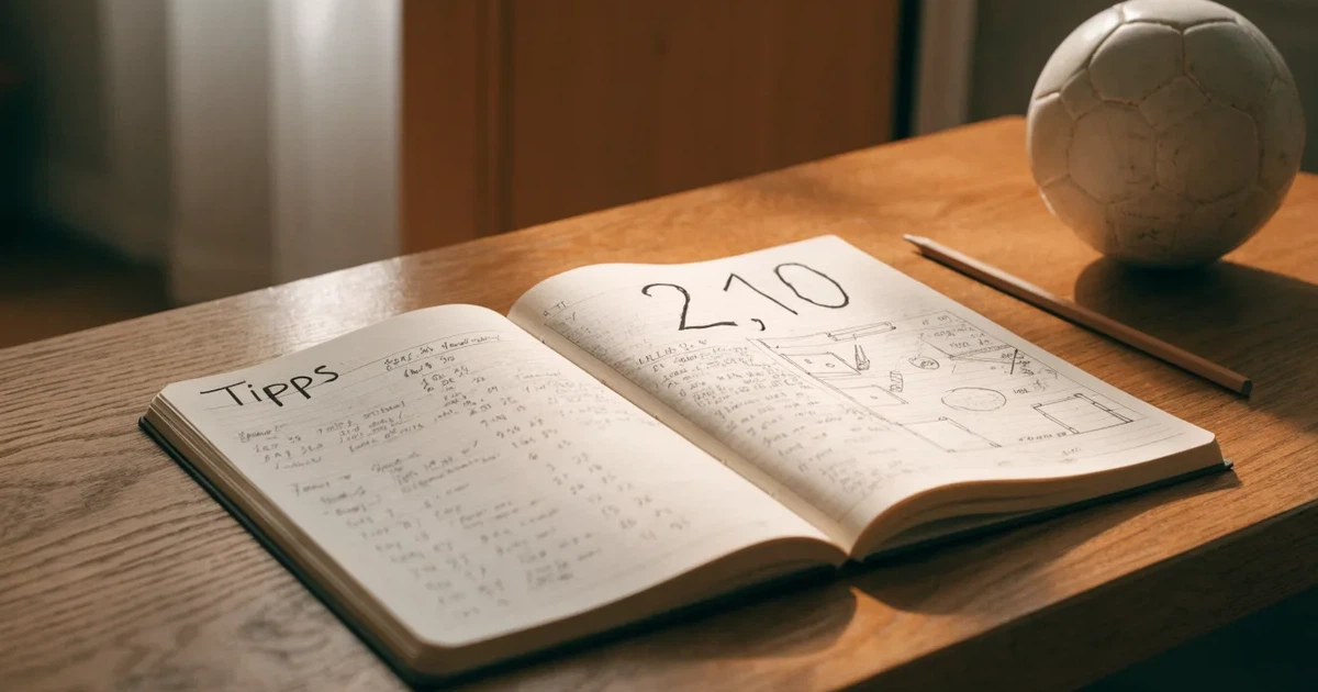 Ein Notizbuch mit handschriftlichen Notizen und kleinen Skizzen liegt aufgeschlagen neben einem Bleistift auf einem Schreibtisch, daneben ein Fußball.
