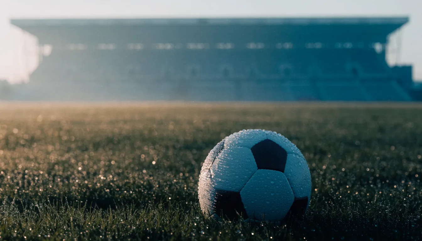 Ein Fußball liegt auf einem Rasenplatz, im Hintergrund eine ferne Tribüne im Morgendunst, Tau glänzt im Gras.