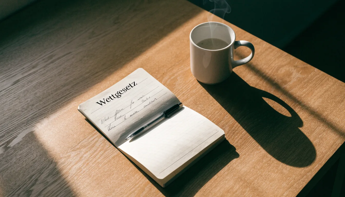 Ein Notizbuch mit handschriftlichen Notizen und ein Kugelschreiber liegen auf einem Schreibtisch neben einer Tasse, Blick schräg von oben.