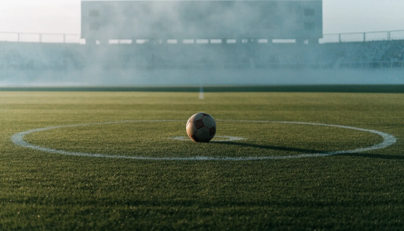 Ein Fußball liegt auf dem Mittelkreis eines leeren Rasenplatzes am frühen Morgen, im Hintergrund eine ferne Tribüne im Dunst.