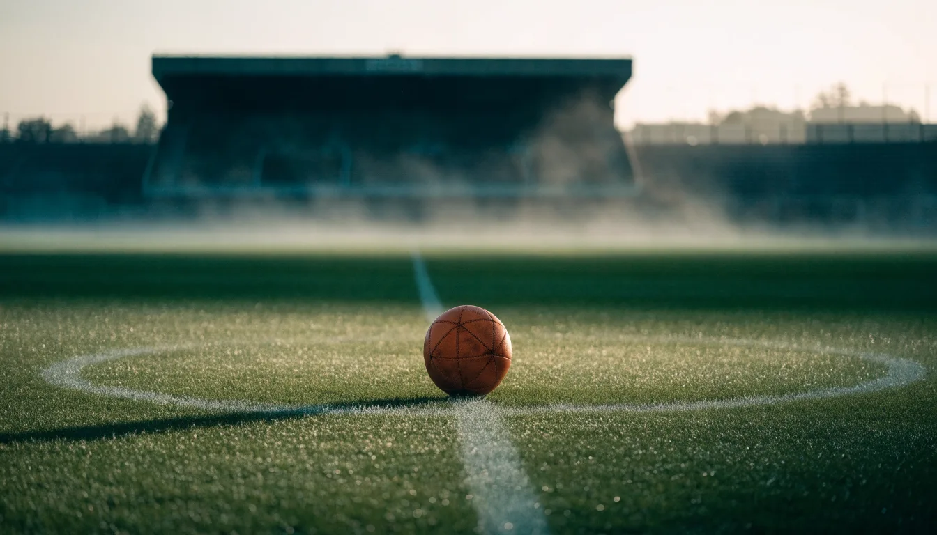 Ein Fußball liegt auf dem Mittelkreis eines leeren Rasenplatzes am frühen Morgen, im Hintergrund eine ferne Tribüne im Dunst.