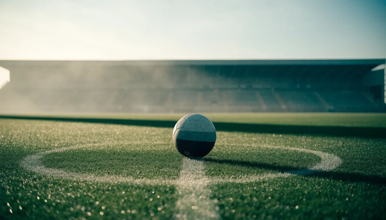 Ein Fußball liegt auf dem Mittelkreis eines leeren Rasenplatzes am frühen Morgen, im Hintergrund eine ferne Tribüne im Dunst.