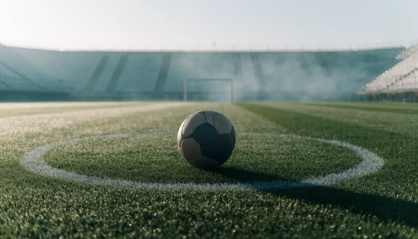 Ein Fußball liegt auf dem Mittelkreis eines leeren Rasenplatzes am frühen Morgen, im Hintergrund eine ferne Tribüne im Dunst.