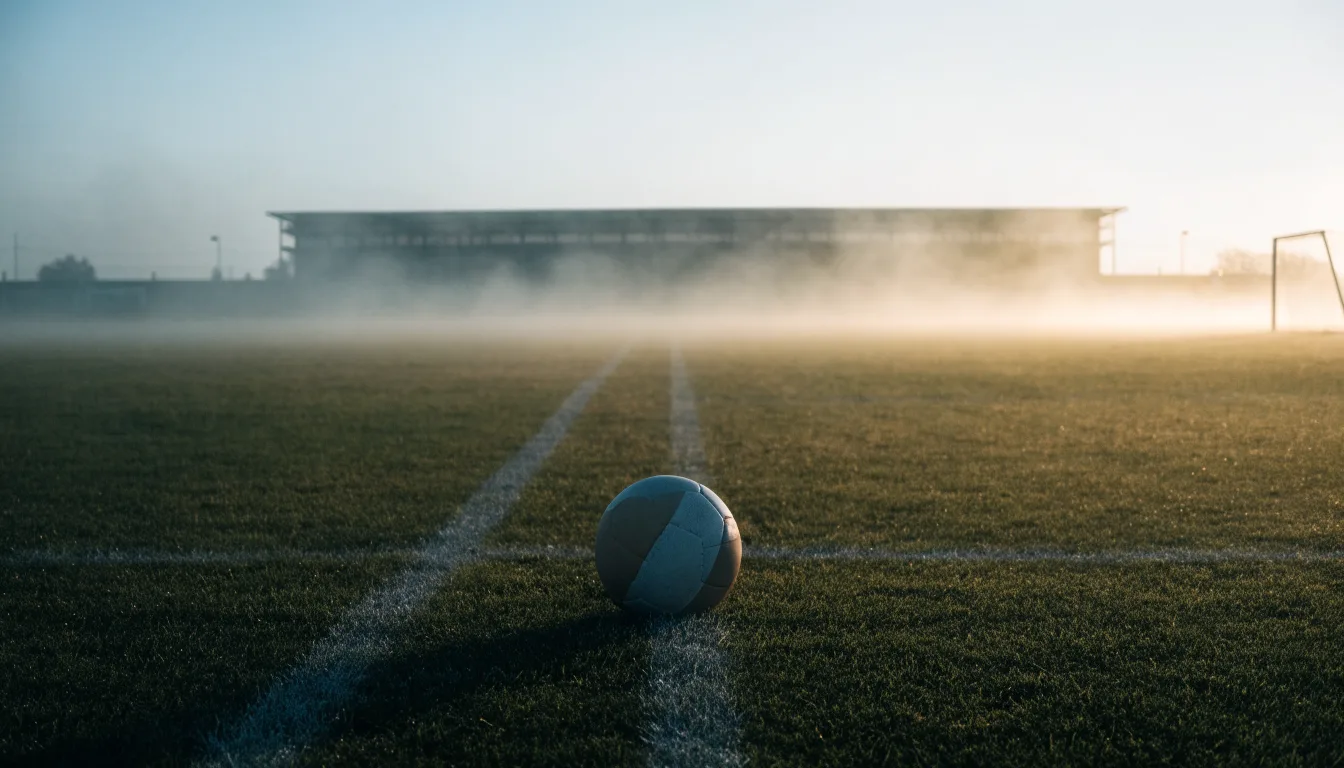 Ein Fußball liegt auf dem Anstoßpunkt eines leeren Rasenplatzes im Morgendunst, im Hintergrund eine ferne Tribüne.