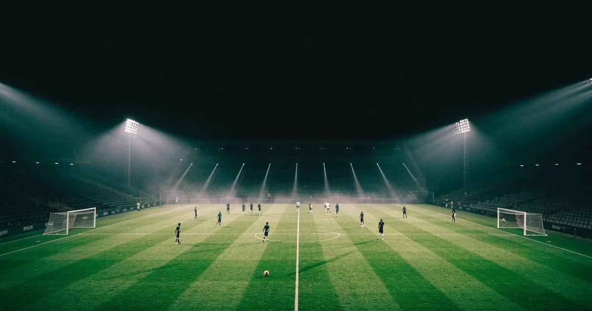 Ein Stadion unter Flutlicht aus der Ferne am Abend, hell erleuchtet, Nebel liegt über dem Rasen.