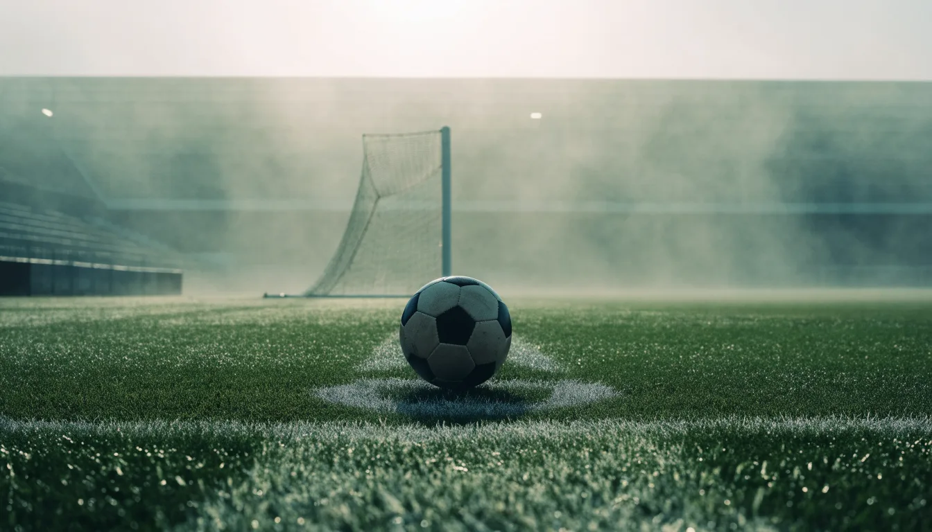 Ein Fußball liegt auf dem Anstoßpunkt eines leeren Rasenplatzes im Morgennebel, im Hintergrund verschwimmen die Tribünen.
