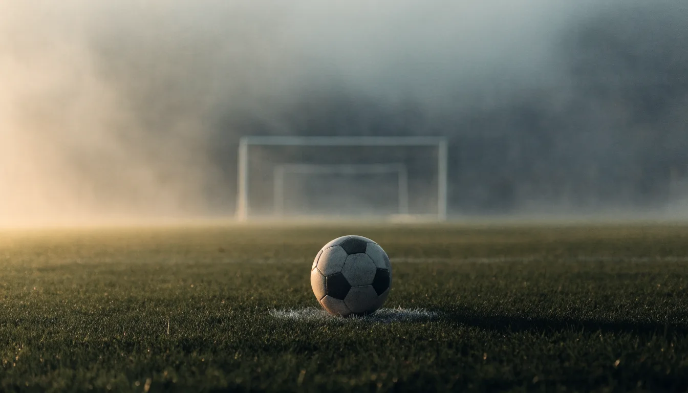 Ein Fußball liegt auf dem Anstoßpunkt eines leeren Rasenplatzes im Morgennebel.