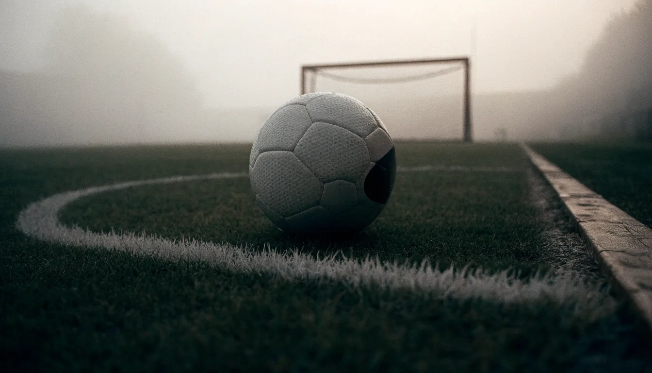 Ein Fußball liegt auf dem Anstoßpunkt eines leeren Rasenplatzes im Morgennebel.