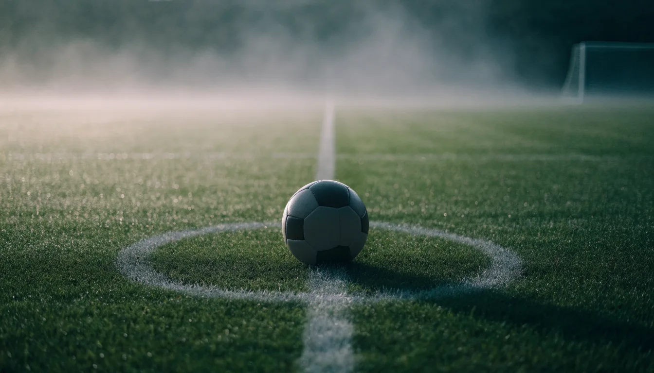 Ein Fußball liegt auf dem Anstoßpunkt eines leeren Rasenplatzes im Morgennebel.