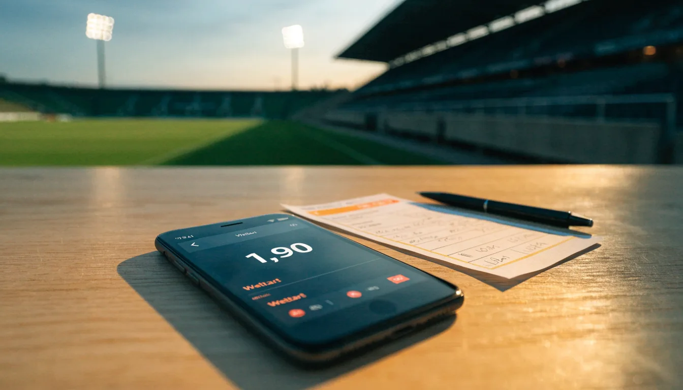 Ein Fußball liegt auf dem Anstoßpunkt eines leeren Rasenplatzes, dahinter eine menschenleere Tribüne im weichen Abendlicht.