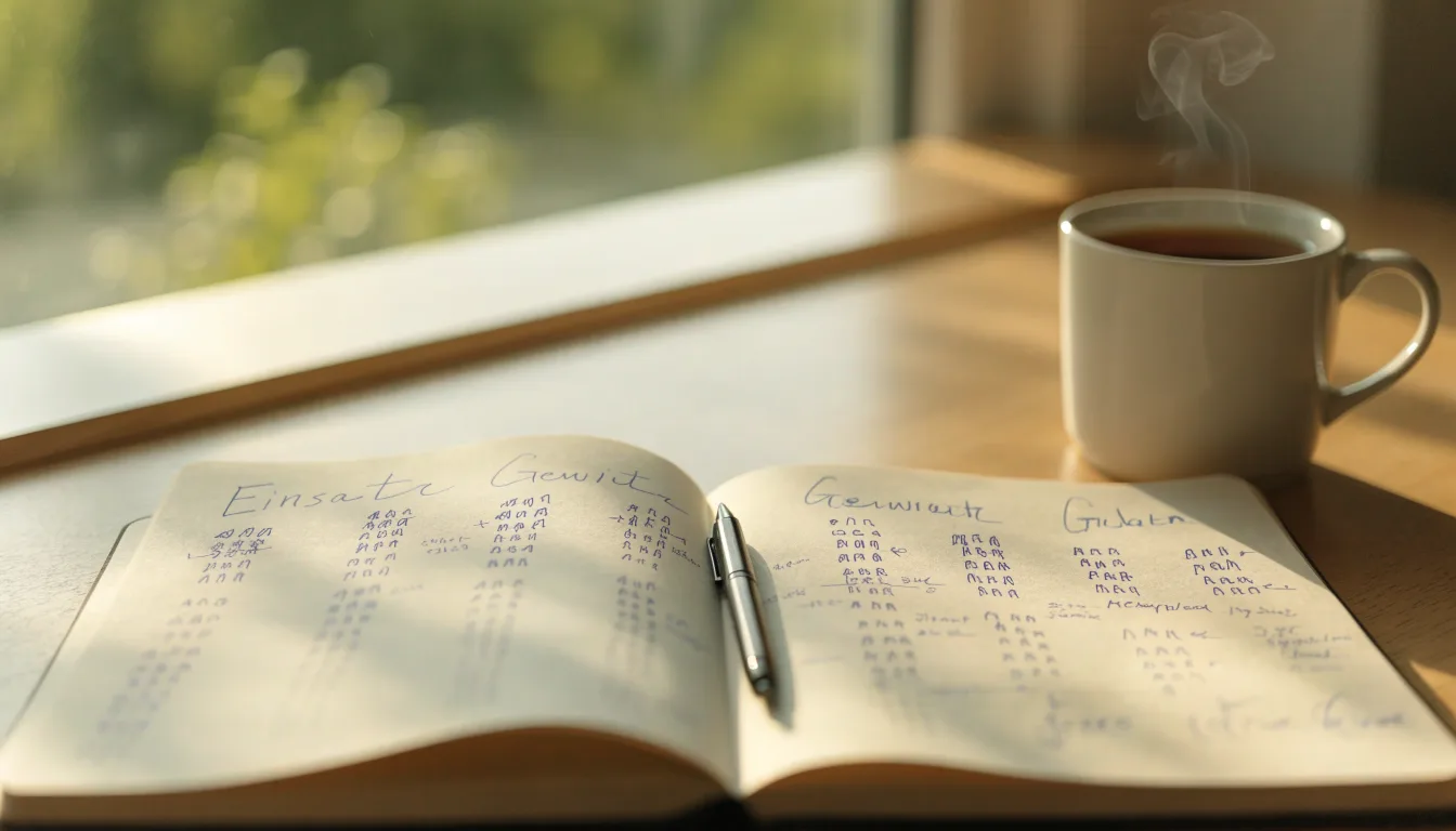 Ein aufgeschlagenes Notizbuch mit handgeschriebenen Notizen und ein Kugelschreiber liegen auf einem Schreibtisch neben einer Tasse Tee.