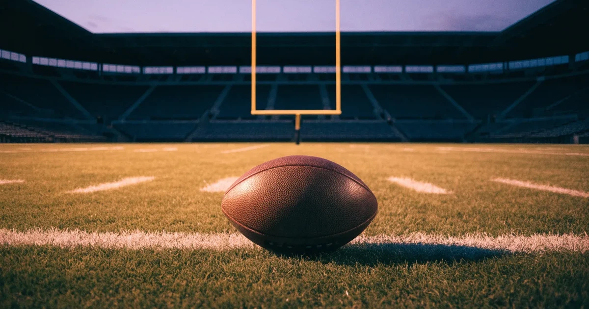 Ein ovaler Football liegt auf dem Rasen vor den gelben Torstangen eines leeren Stadions in der Abenddämmerung.