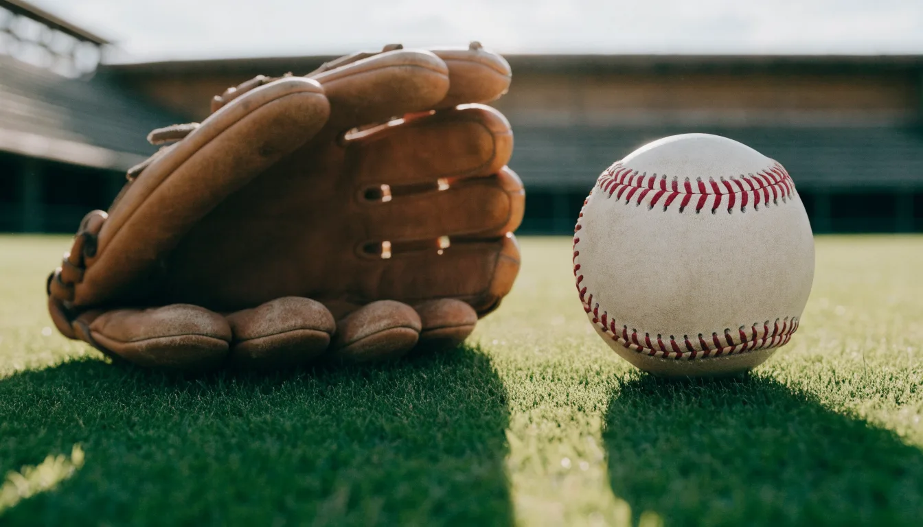 Ein Baseball liegt auf dem Rasen neben einem Lederhandschuh ohne Aufschrift, im Hintergrund eine leere Tribüne im Abendlicht.