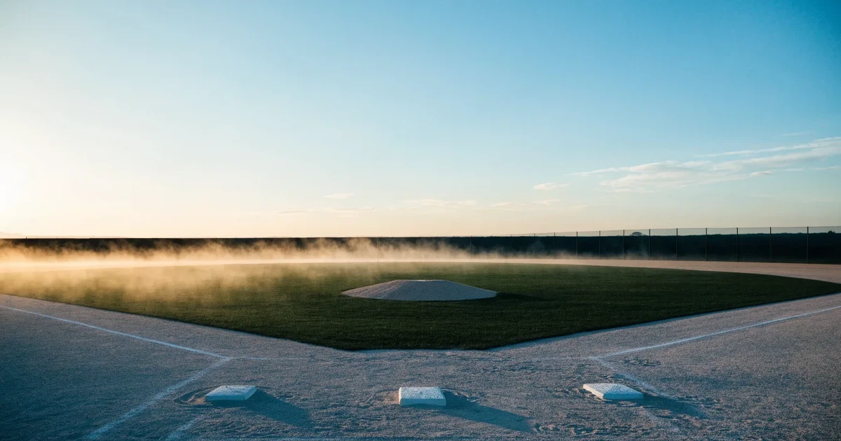 Ein leeres Baseballfeld mit Sandfläche, Basen und weißen Linien in der Morgendämmerung, über dem Rasen liegt leichter Nebel.