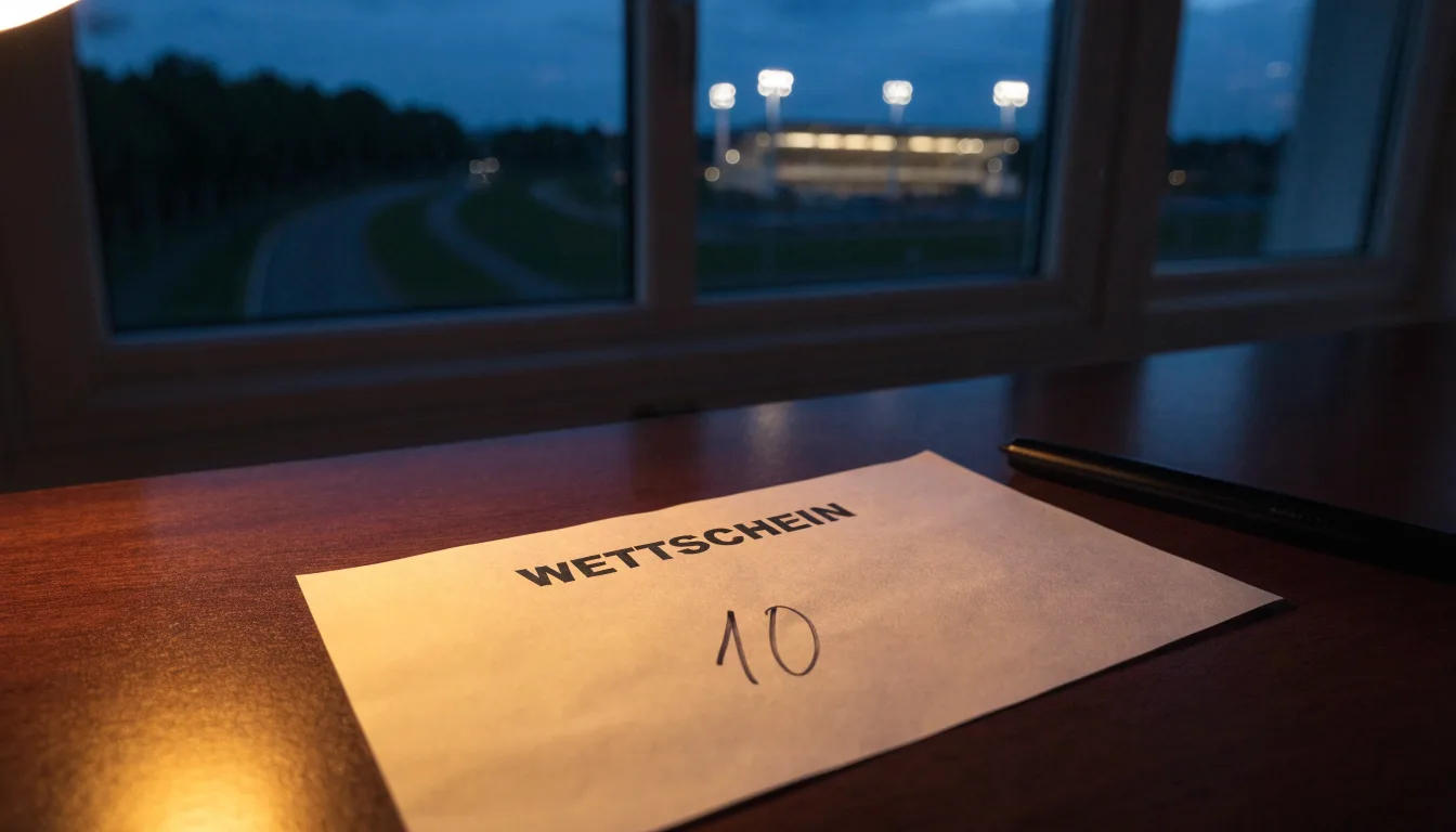 Ein Stadion unter Flutlicht aus großer Entfernung gesehen, davor eine dunkle Landstraße und einzelne Bäume in der Dämmerung.
