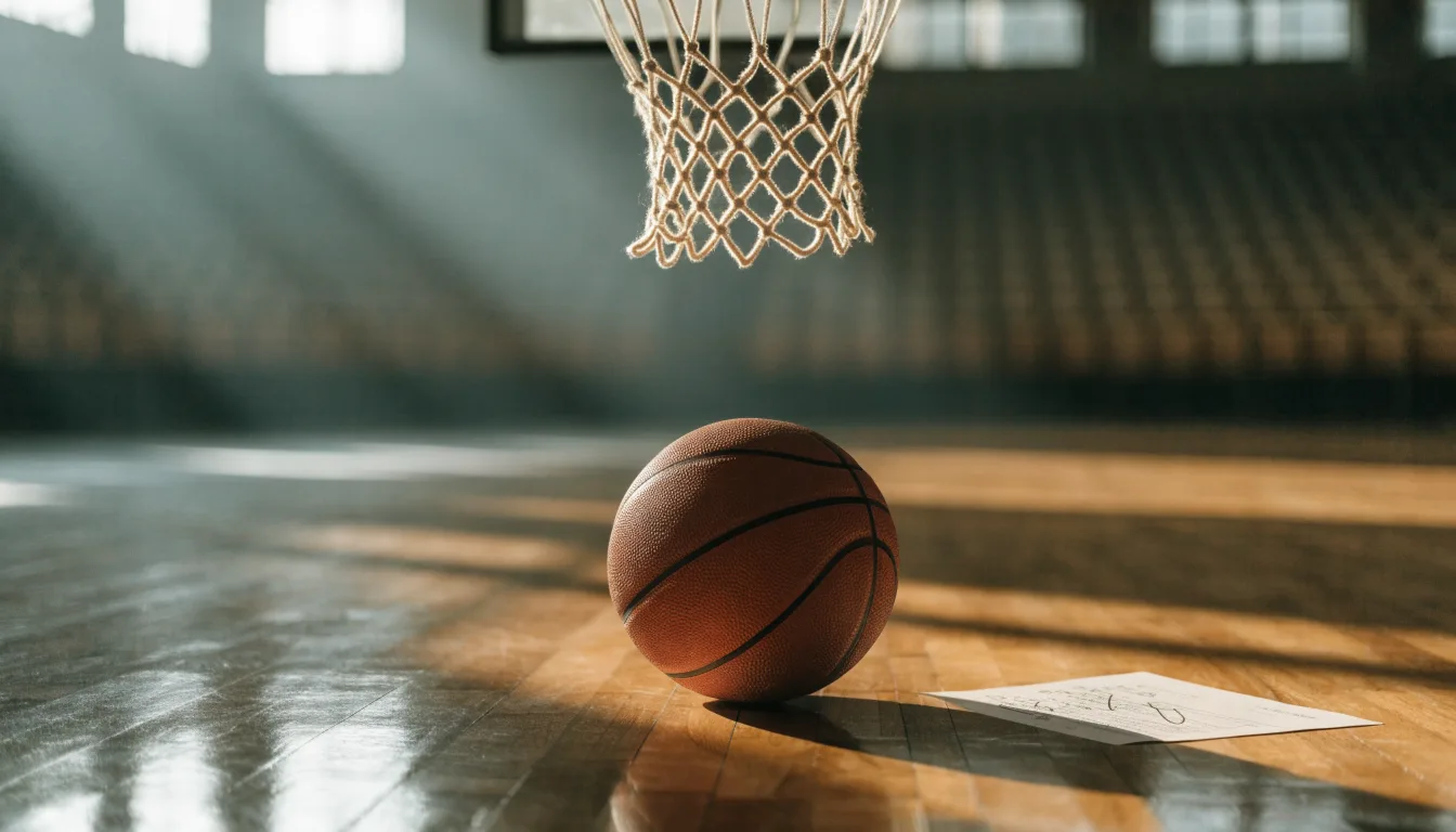 Ein orangefarbener Basketball liegt auf einem Hallenboden unter dem Netz eines Korbs, im Hintergrund unscharf leere Sitzreihen.