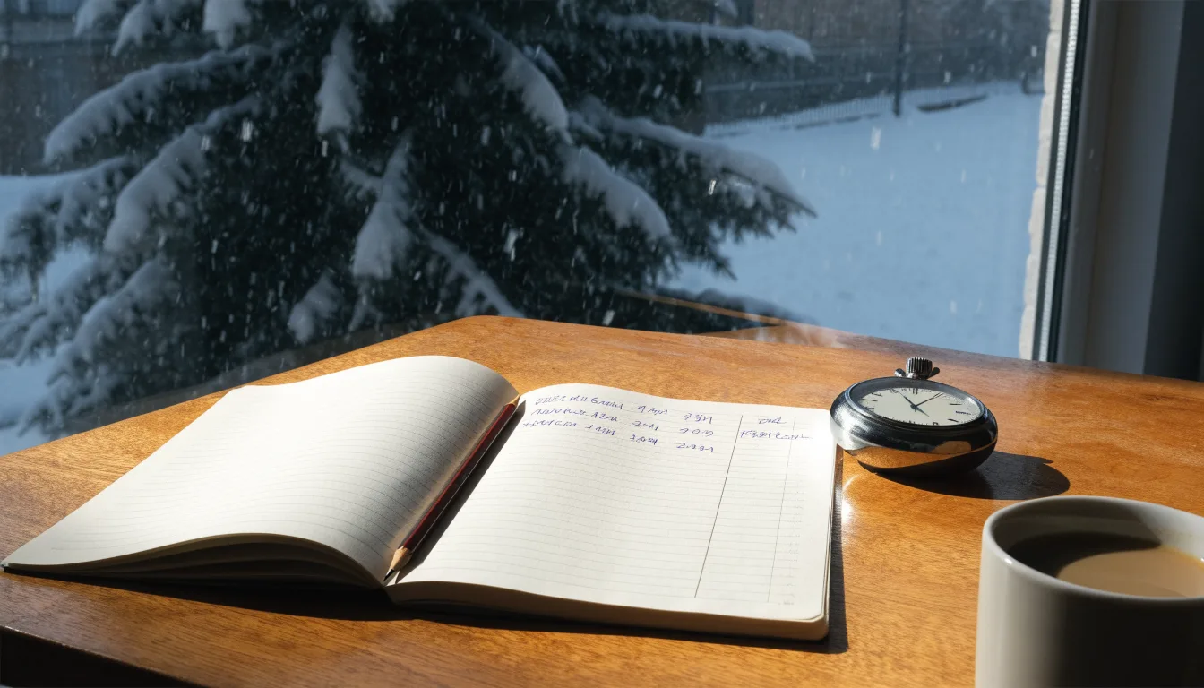 Ein Notizbuch mit handschriftlichen Zeiten liegt neben einer Stoppuhr auf einem Holztisch, draußen vor dem Fenster fällt Schnee.