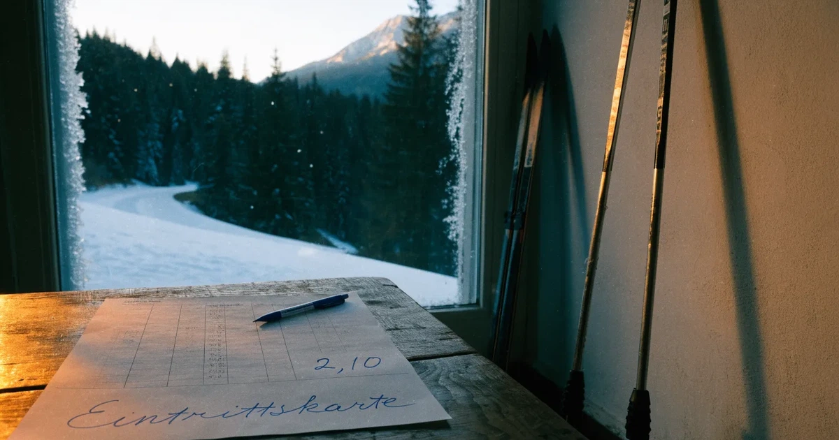Eine verschneite Loipe im Morgenlicht mit gespurter Spur, im Hintergrund dunkler Nadelwald und eine Bergkette ohne Menschen.