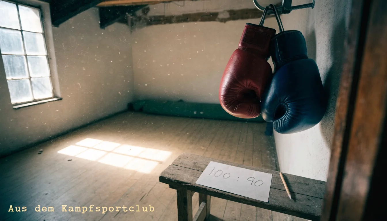 Ein Paar Boxhandschuhe hängt an einem Haken in einer leeren Trainingshalle, durch ein Fenster fällt Tageslicht auf den Boden.