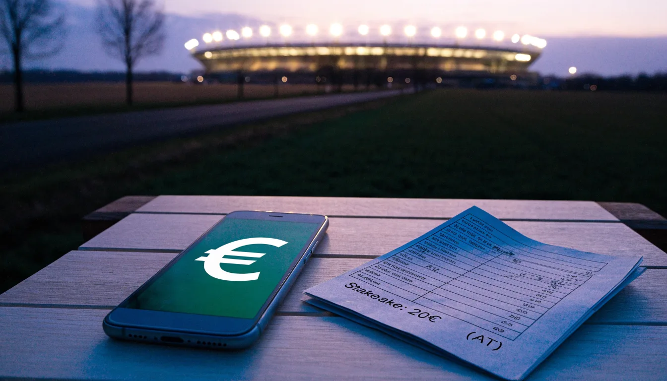 Ein Stadion unter Flutlicht aus großer Entfernung gesehen, davor eine dunkle Landstraße und einzelne Bäume in der Dämmerung.