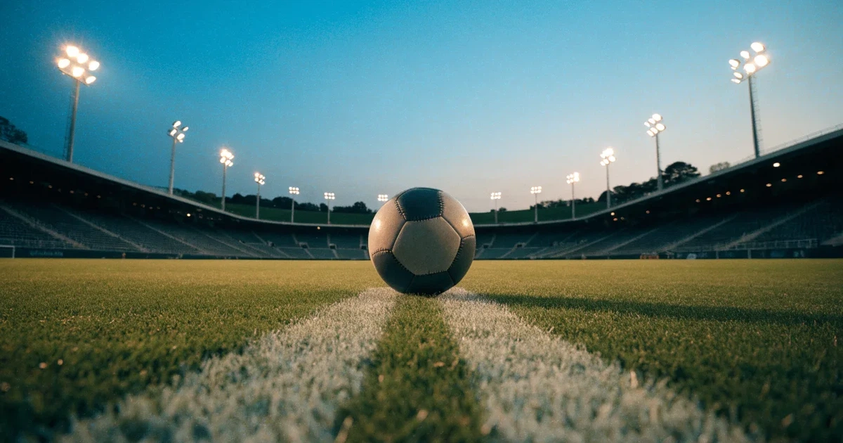 Ein Fußball liegt auf dem Anstoßpunkt eines Rasenplatzes in der Dämmerung, in der Ferne leuchten Flutlichter, die Ränge sind leer.