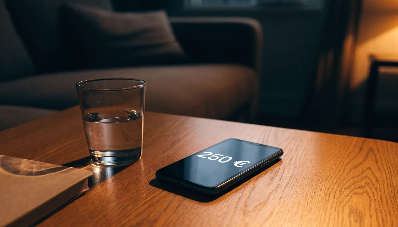 Ein Smartphone liegt mit dem Display nach unten auf einem Holztisch neben einem Glas Wasser, ruhige Abendstimmung in einem Wohnzimmer.