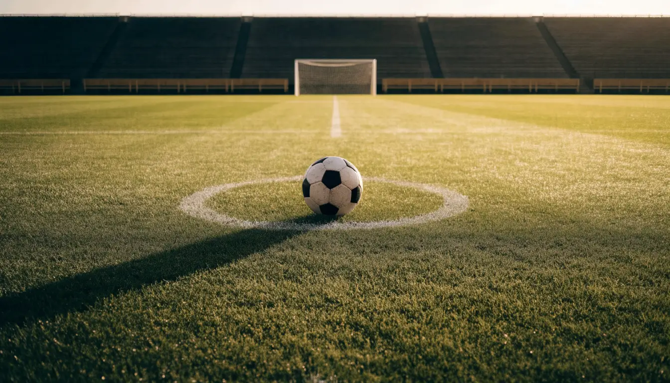 Ein Fußball auf dem Mittelpunkt eines Rasenplatzes, früher Morgen, Tau auf dem Gras, im Hintergrund leere Tribünen.